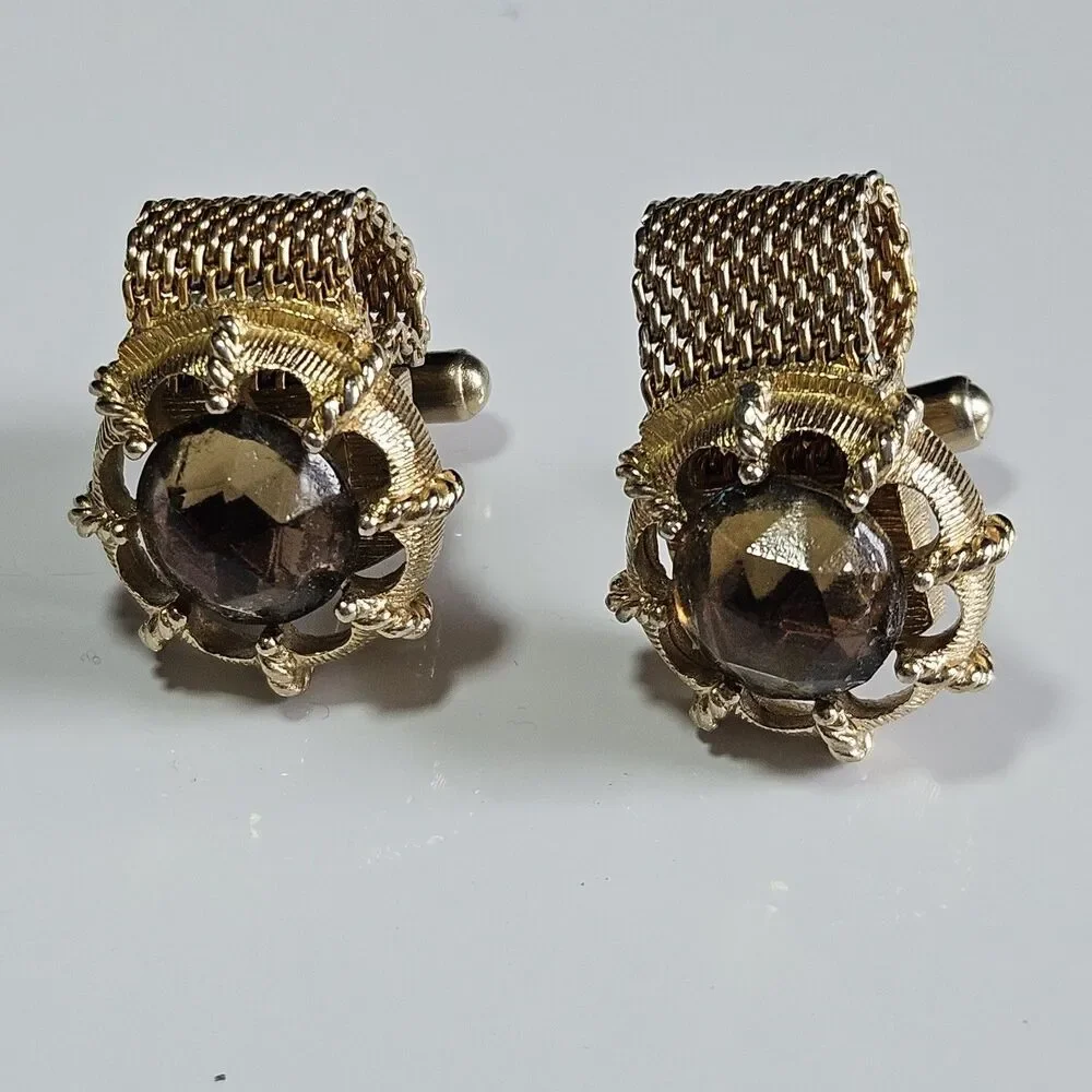 **Sale** Swank Vintage Gold Tone Metal Champagne Colored Glass Cufflinks